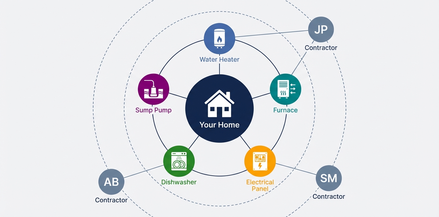 Address graph showing your home at the center with equipment nodes and contractor connections in an orbital layout