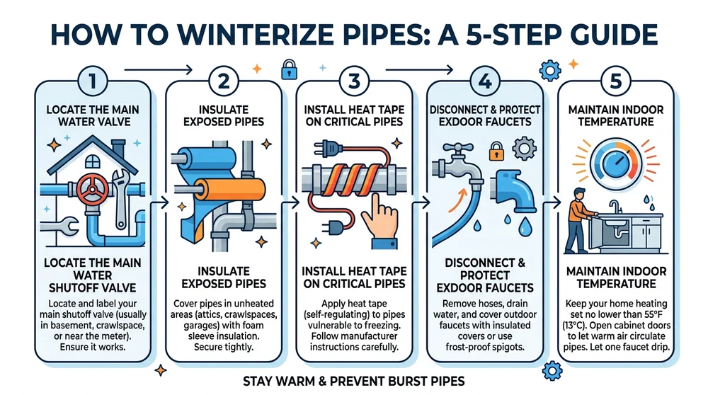 Infographic of step-by-step pipe winterization process