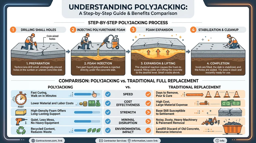 Diagram showing the polyjacking process with drilled holes, foam injection, and lifting of the driveway slab, alongside a comparison table of repair methods.