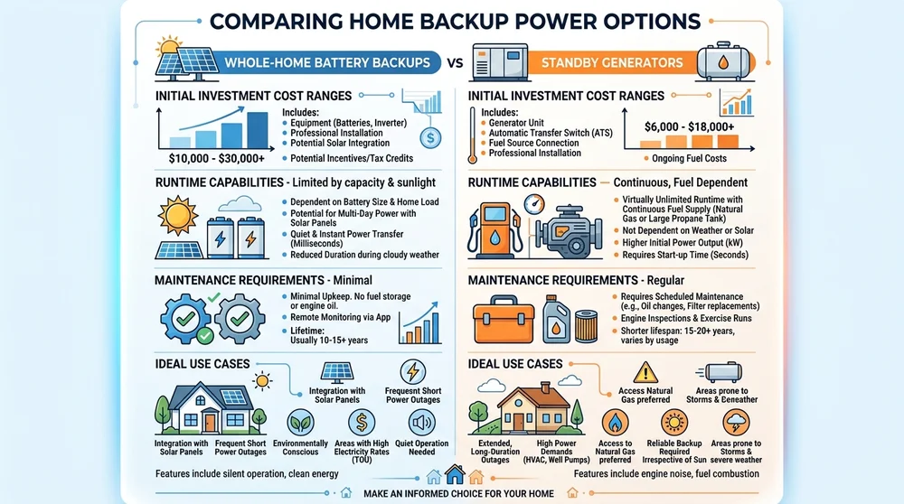 Comparison chart of whole-home battery backup and standby generator features including costs, runtime, and use cases