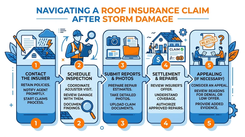 Step-by-step infographic for filing an insurance claim for storm-related roof damage