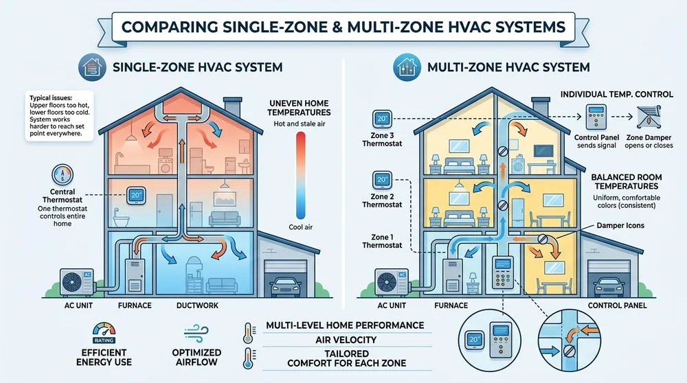 Infographic of single-zone vs multi-zone HVAC zoning systems