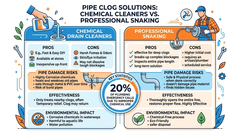 Comparison of Chemical Drain Cleaners vs. Professional Snaking