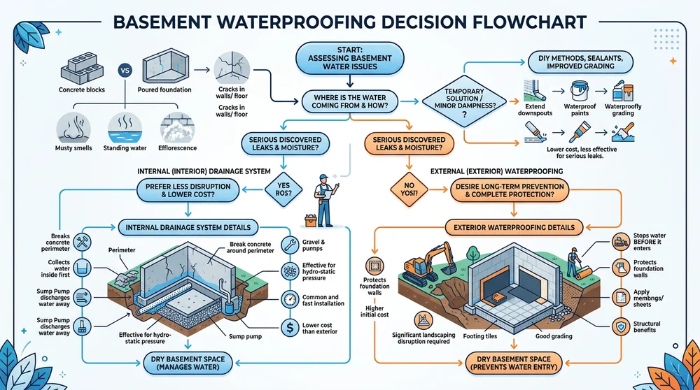 Flowchart showing decision steps for selecting basement waterproofing methods based on problem severity and needs.