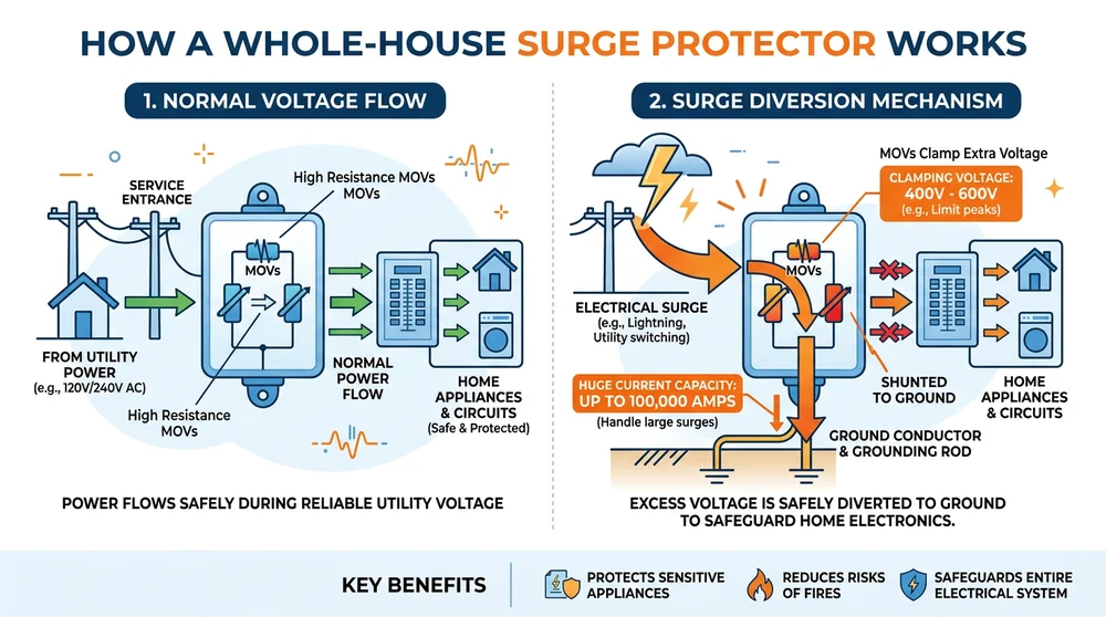 Diagram of how whole-house surge protectors work to divert electrical surges