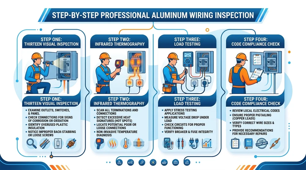 Infographic showing the four key steps in assessing aluminum wiring safety