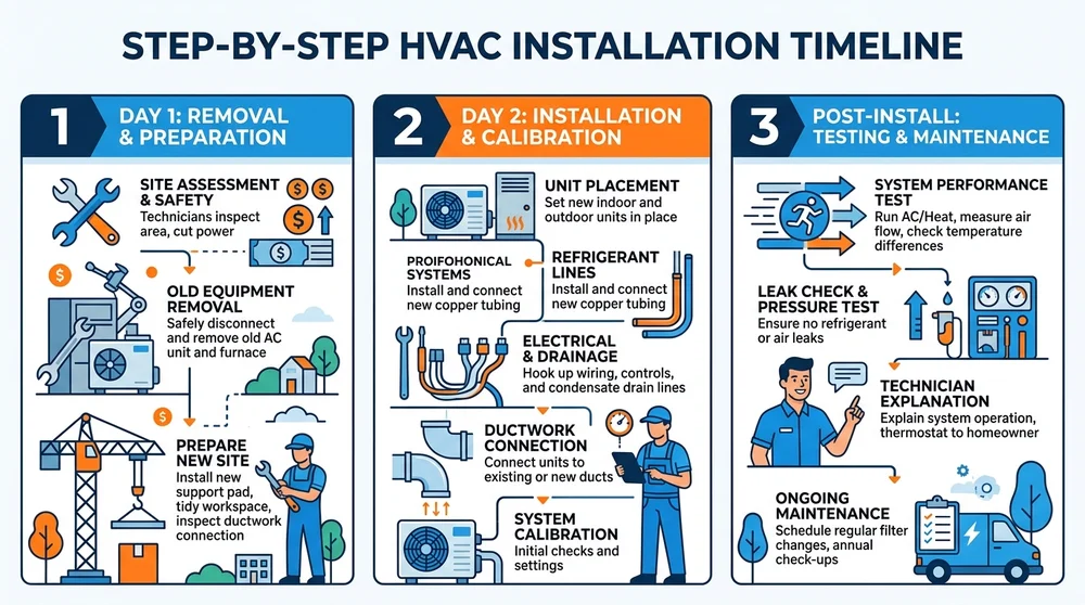 Infographic illustrating the HVAC replacement installation process over two days
