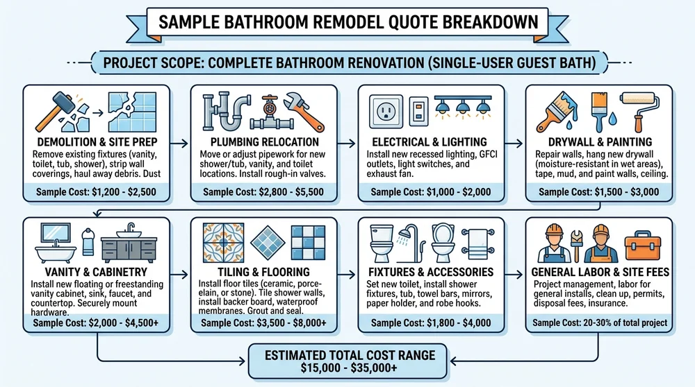 Sample bathroom remodel quote line items infographic