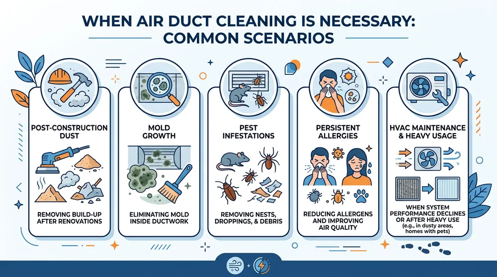 Infographic showing scenarios when air duct cleaning is needed, such as post-renovation, mold, pests, allergies, and HVAC maintenance.