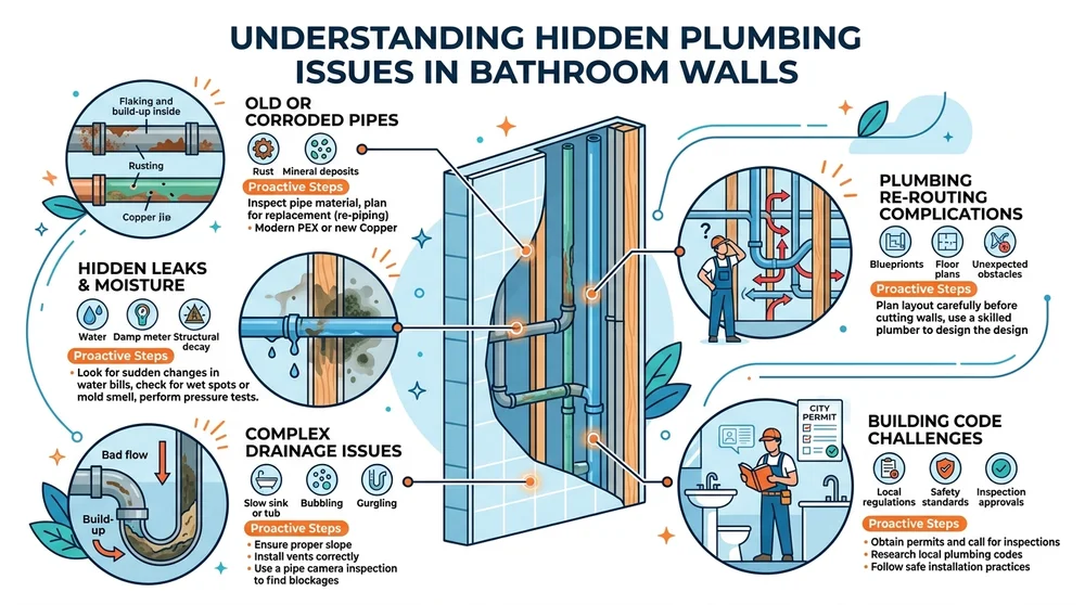 Infographic showing common hidden plumbing issues in bathroom remodels and tips for prevention