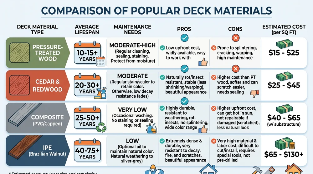 Infographic comparing deck material options for longevity and durability