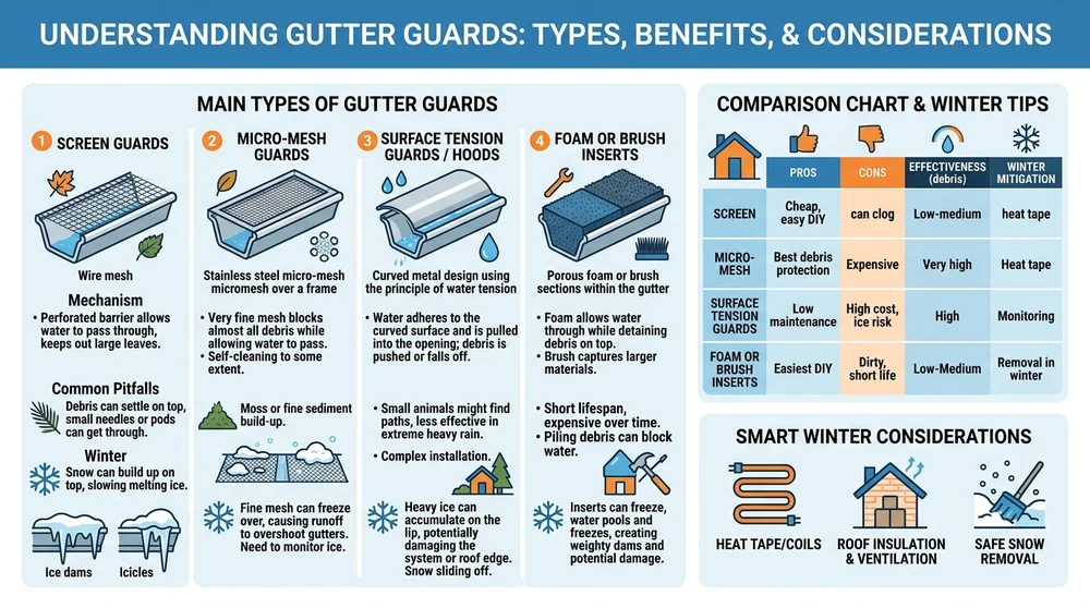 Diagram showing different gutter guard styles (screen, mesh, reverse curve, brush) with their mechanisms and potential issues, alongside a winter considerations chart highlighting ice dam risks.