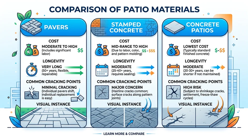 Comparison chart showing costs, durability, and common issues of concrete, pavers, and stamped concrete patios.