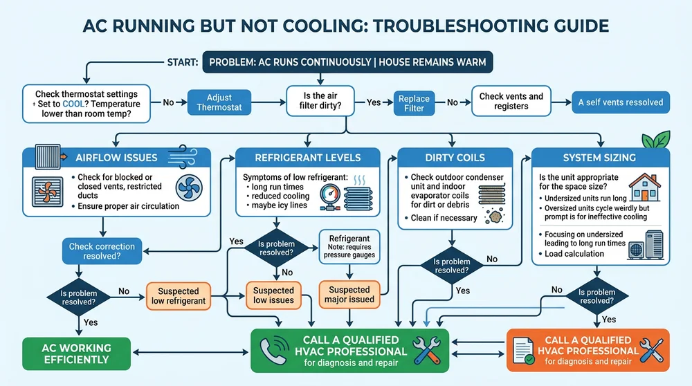 Flowchart showing troubleshooting steps for AC not cooling properly, including refrigerant check, airflow inspection, and sizing verification.