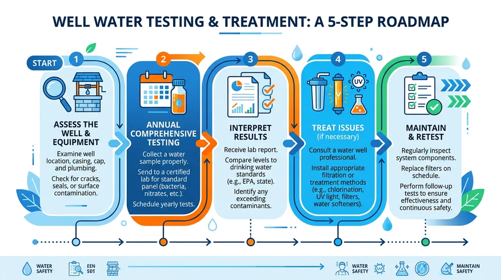 Step-by-step infographic for well water testing and treatment roadmap