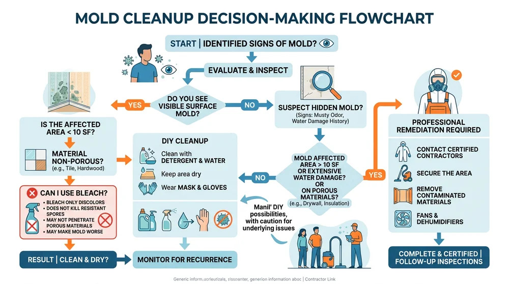 Flowchart showing steps to assess mold issues, options for cleanup, and when to call professionals
