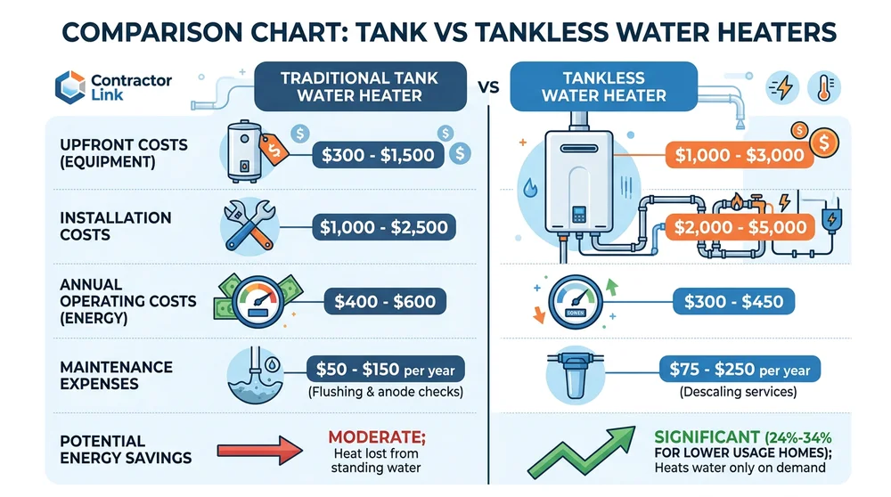 Cost comparison infographic: Traditional vs Tankless Water Heaters