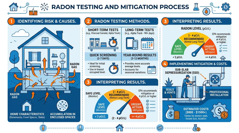 Flowchart showing steps from radon testing to mitigation, including types of tests, cost estimates, and mitigation methods.