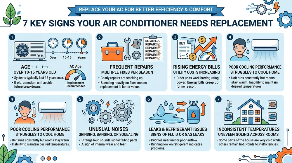 Infographic of 7 signs your AC needs replacing
