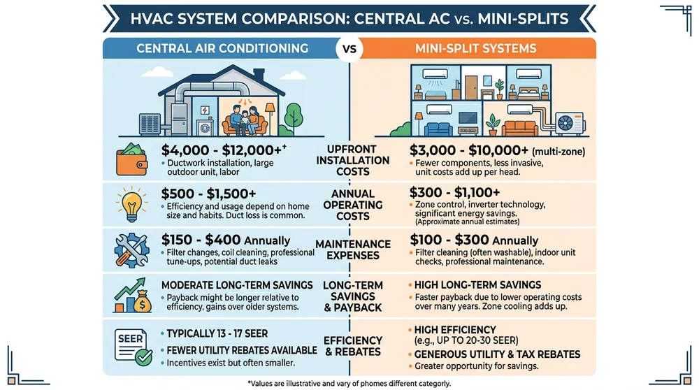 Infographic showing cost breakdown and savings comparison between central AC and mini-splits