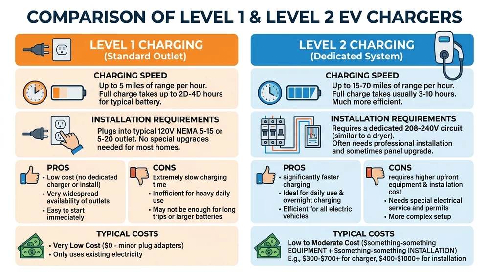 An infographic comparing Level 1 and Level 2 EV chargers with icons, speed ranges, installation notes, and cost estimates side by side.