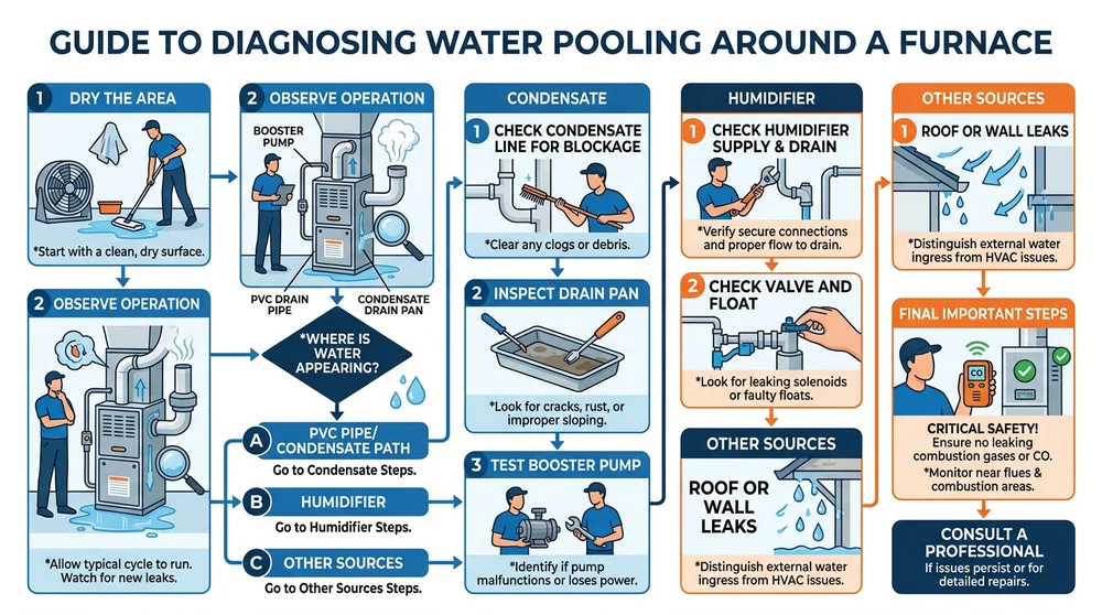 Infographic showing step-by-step diagnosis of furnace water leaks