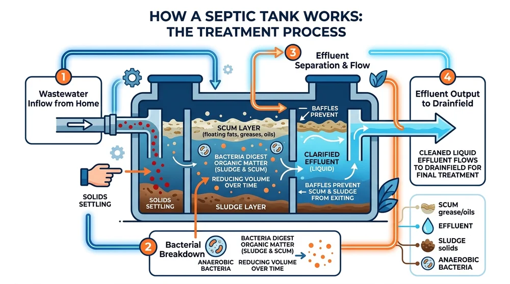 Infographic illustrating the septic tank wastewater treatment process