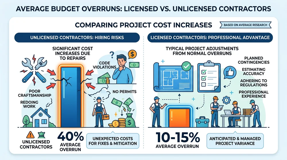 Budget overrun comparison chart for licensed vs unlicensed contractors