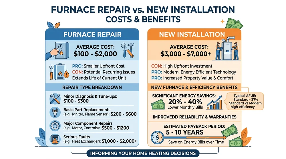 Infographic showing furnace repair vs replacement cost comparison and long-term savings
