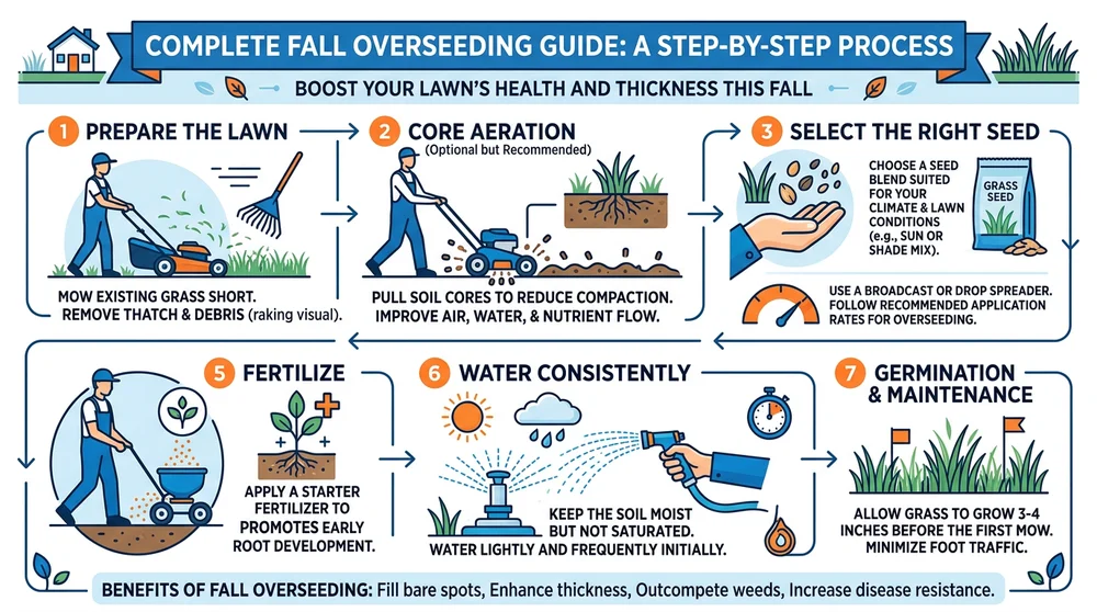 Infographic of fall overseeding steps for thicker lawn density