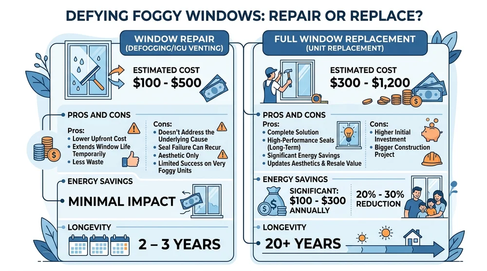 Visual comparison of window repair and replacement costs and benefits