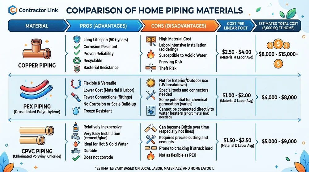 Comparison chart of repiping material costs and benefits