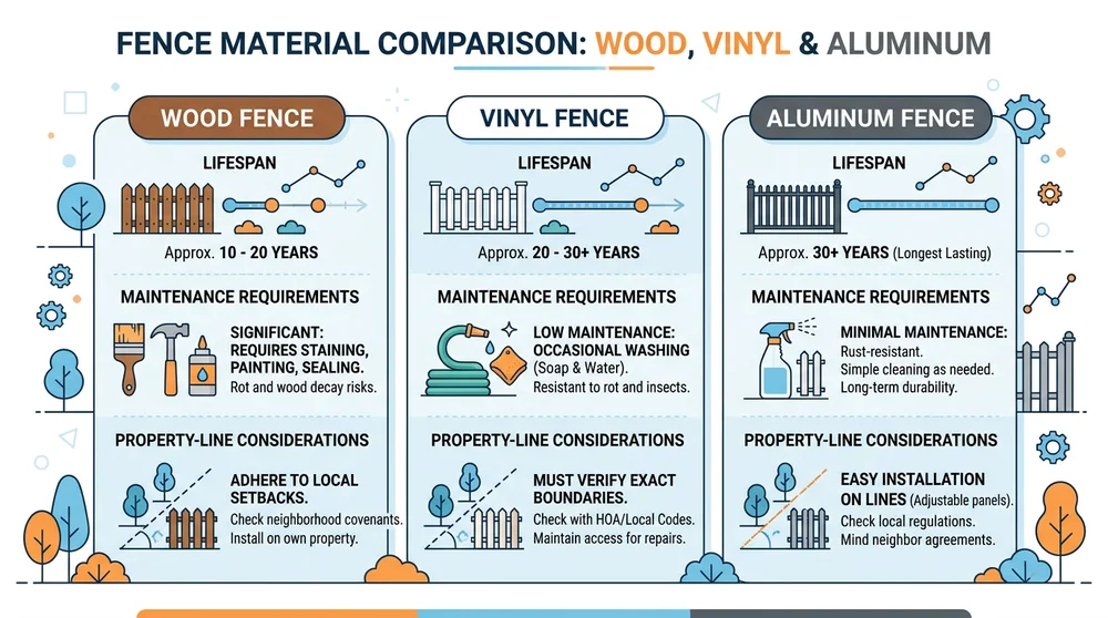 Comparison chart of wood, vinyl, and aluminum fences showing lifespan, maintenance, and property-line considerations.