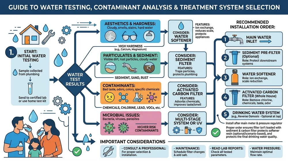 Flowchart showing water testing, analysis, and selecting treatment options like softener, filter, or both, with installation steps.