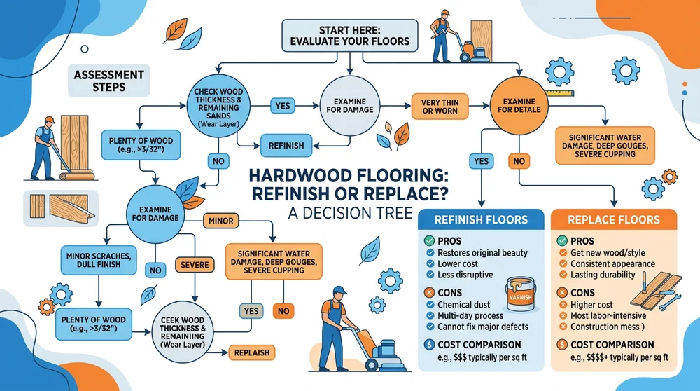 Decision tree for choosing hardwood floor refinishing vs. replacement