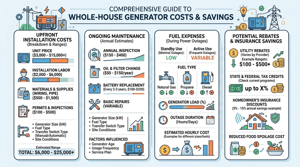 Infographic illustrating cost breakdown for whole-house generator installation and long-term expenses