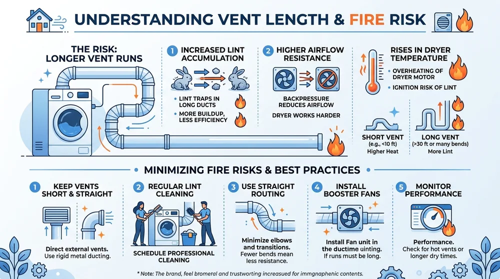 Diagram showing how longer dryer vent runs increase lint buildup, airflow resistance, and temperature, with tips for safer venting.