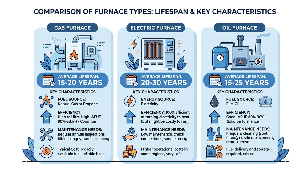Comparison of furnace types and their expected lifespans