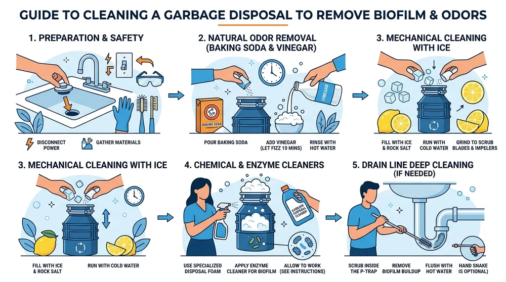 Step-by-step guide to cleaning garbage disposal biofilm and odors