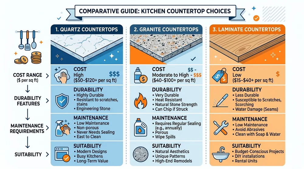 Comparison chart of quartz, granite, and laminate countertops highlighting cost, durability, and maintenance features.