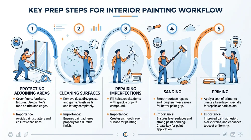 Infographic showing the sequential steps of surface preparation for interior painting, including cleaning, repairing, sanding, priming, and masking.