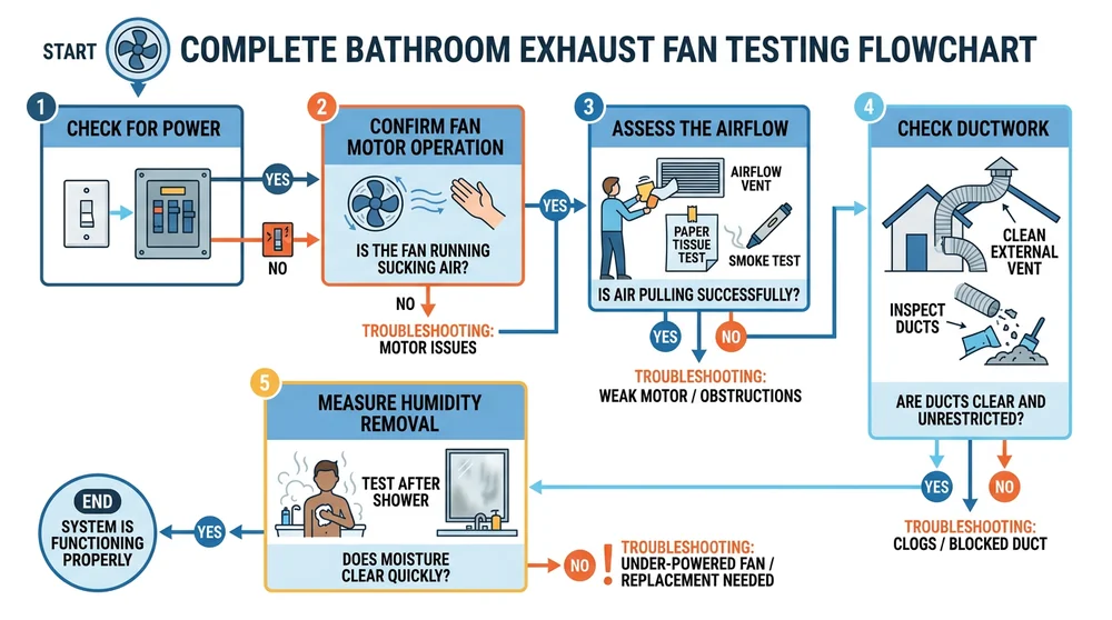 Infographic showing steps to test and troubleshoot a bathroom exhaust fan, including checking power, airflow, ductwork, and humidity levels.