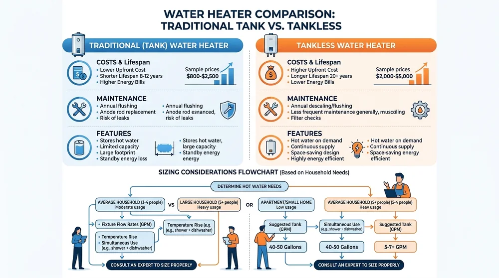 An infographic comparing traditional and tankless water heaters with cost ranges, lifespan, energy savings, and maintenance tips, along with a flowchart for sizing based on household demand.