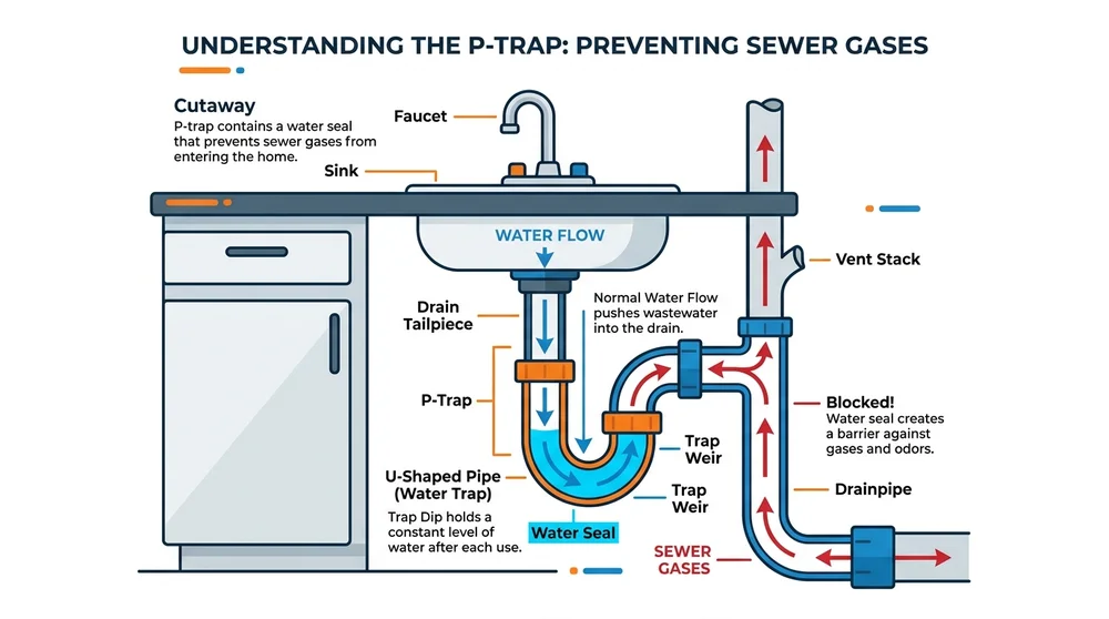 Infographic of P-trap mechanism preventing sewer gases