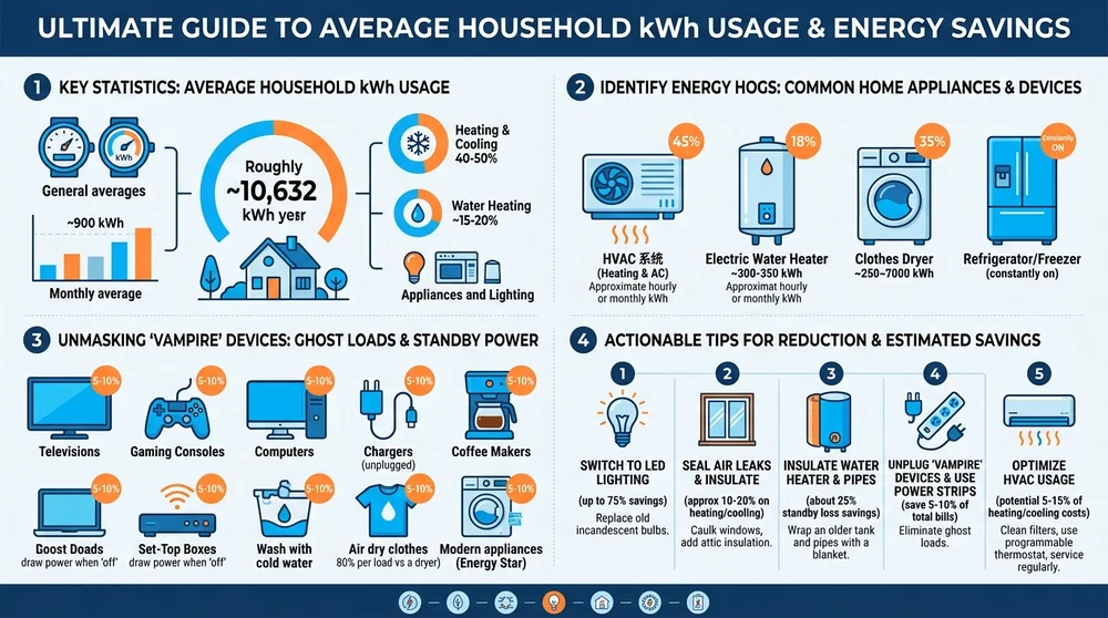 Infographic showing ways to track and cut kWh usage with savings stats