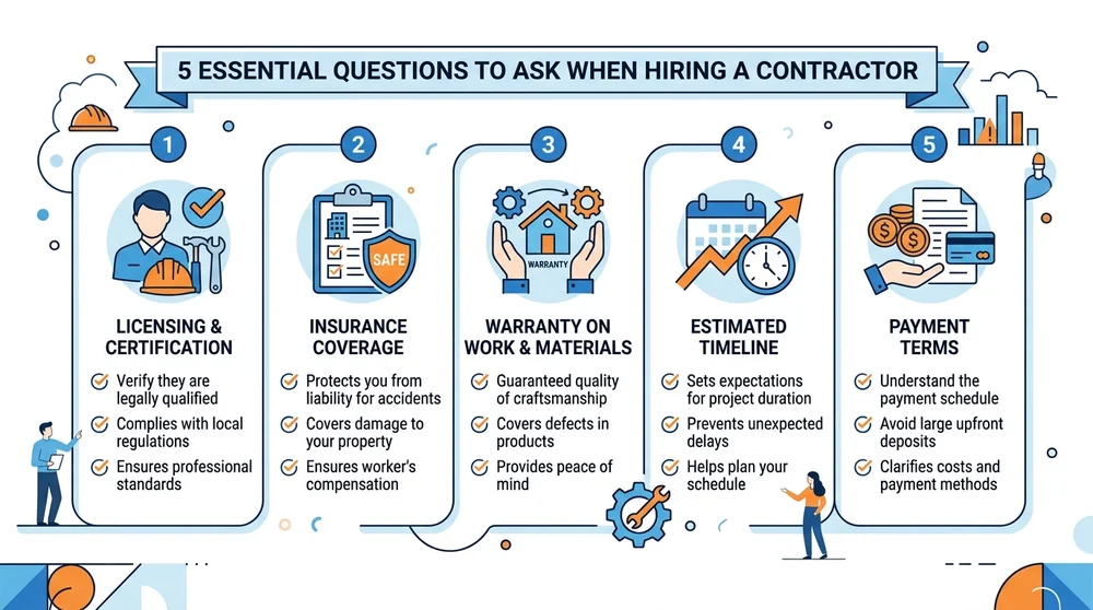 Visual checklist of five key questions for hiring a home improvement contractor