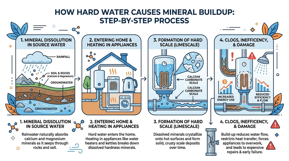 Step-by-step diagram of hard water mineral buildup process