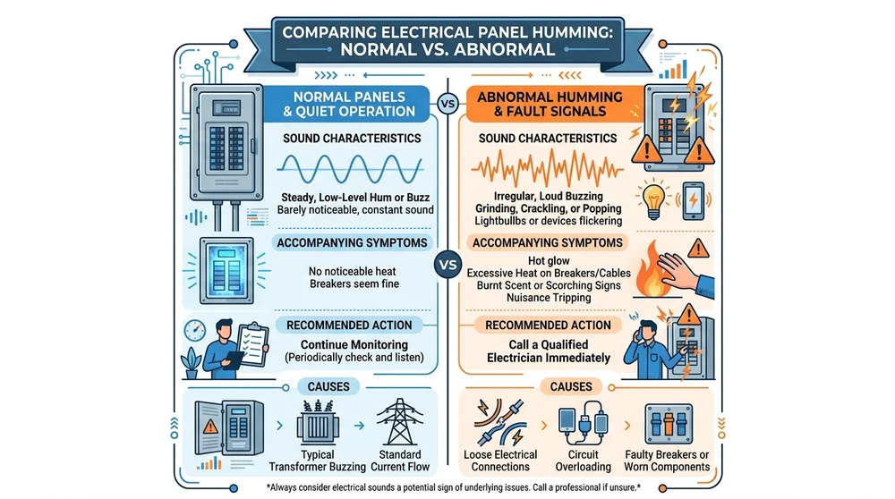 Comparison chart of normal and abnormal electrical panel humming signs and causes