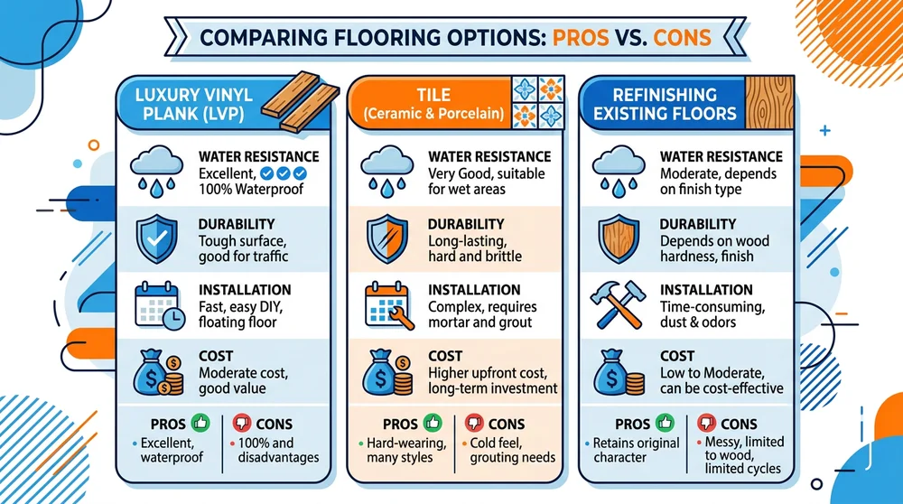 Comparison chart of flooring options including LVP, tile, and refinishing, with icons representing water resistance, durability, installation time, and cost.