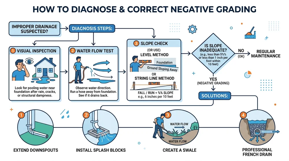 Flowchart showing steps to diagnose yard grading issues and possible solutions for proper drainage